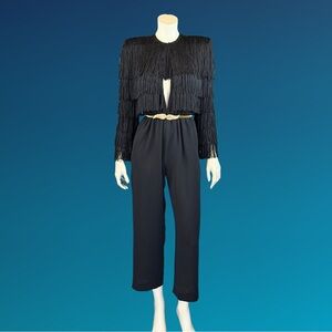90s FRINGE Wayne Clark PLUNGE Neck Black Jumpsuit / XS S
